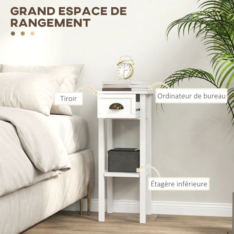 HOMCOM Lot de 2 tables d'appoint Table de Chevet style sophistiqué avec tiroir, étagère inférieure, 30 x 30 x 75 cm, blanc