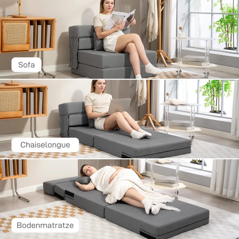 HOMCOM Bodensofa, Polstercouch, in Matratze umwandelbar, Schaumstoff, Kissen, Grau