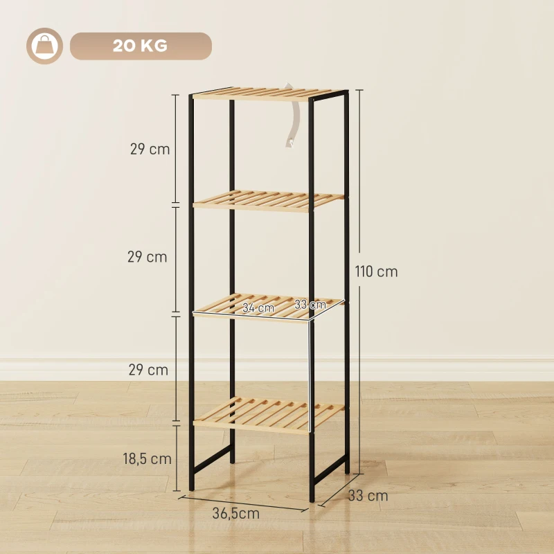 HOMCOM Standregal Badregal aus Bambus und Stahl, mit 4 Ablagen, 4-stöckiges Bücherregal, 36,5 x 33 x 110 cm, Natur