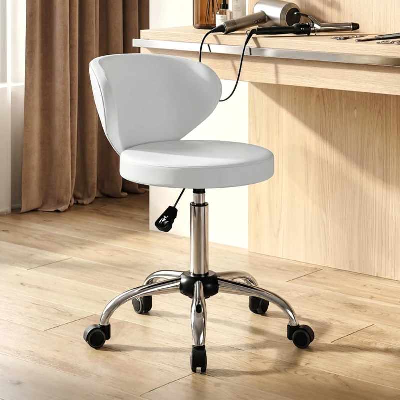 HOMCOM Tabouret à roulettes, tabouret de massage en PU avec hauteur réglable 73-88 cm et dossier, pivotant 360°, blanc
