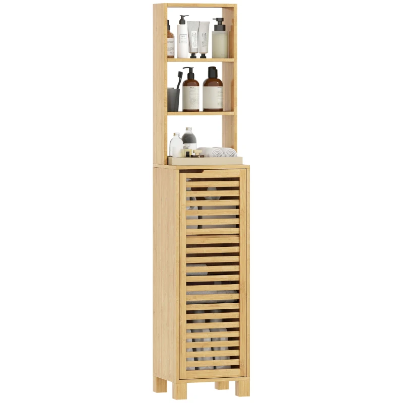 HOMCOM Badezimmerschrank schmal, Hochschrank mit 3 offenen Regalen, verstellbaren Regalen, Lamellentür, 34 x 30 x 170 cm Natur