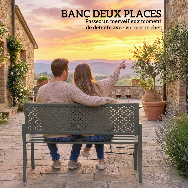 Outsunny Banc d'extérieur en métal, 2 places, avec dossier géométrique antirouille et accoudoirs, gris foncé