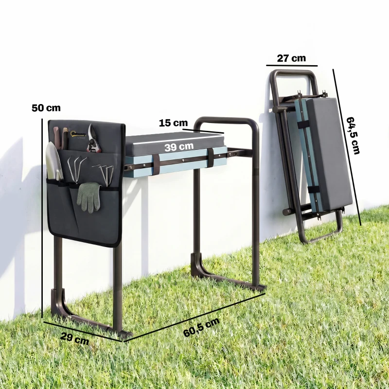 Outsunny Banco de Jardim Dobrável com Almofada de Espuma EVA Assento de Jardim com Bolsa para Ferramentas Cinzento Escuro