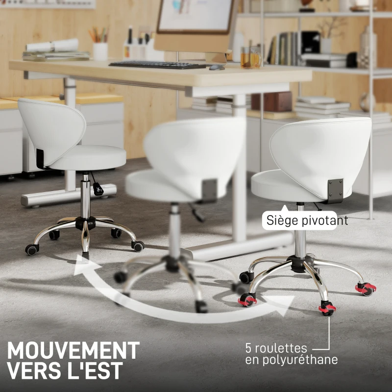 HOMCOM Tabouret à roulettes, tabouret de massage en PU avec hauteur réglable 73-88 cm et dossier, pivotant 360°, blanc