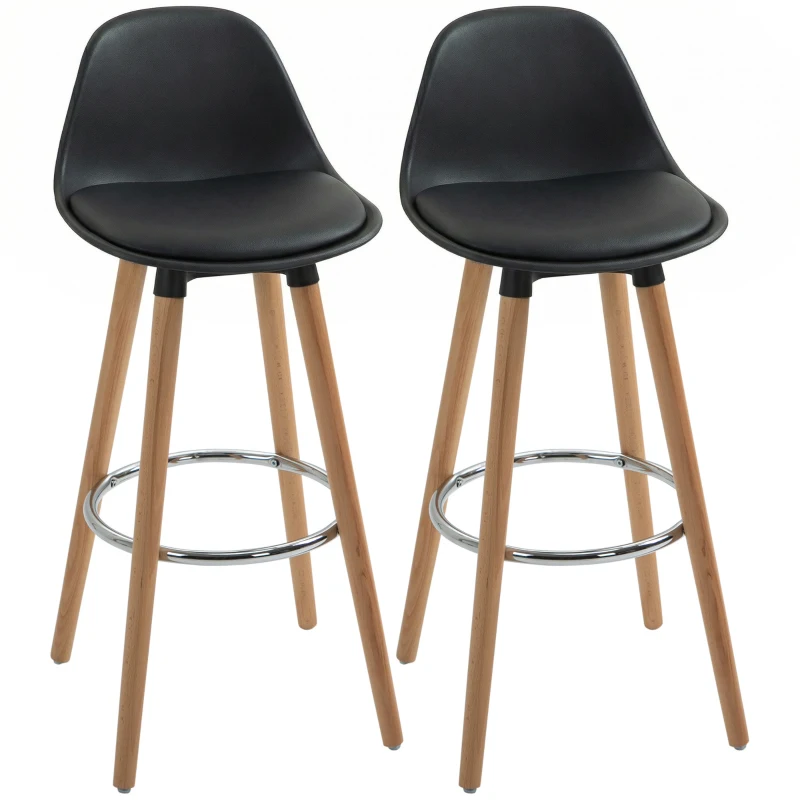 HOMCOM 2er-Set Barhocker Barstühle Skandi-Design, Fußtstütze, 43 cm x 43 cm x 91 cm, Natur + Schwarz