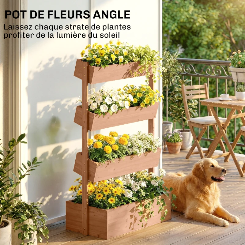 Outsunny Jardinière Surélevée en Bois avec 4 Étages, avec Trous de Drainage et Doublure en Tissu, 85x45x140cm, Marron