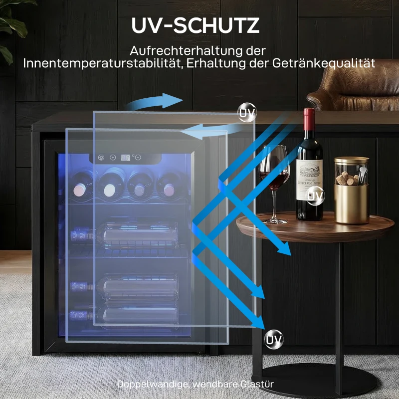 HOMCOM Weinkühler für 16 Flaschen, 48 L Kapazität, 4–16°C, Unterbau Kühlschrank für Getränke und Bier, mit Glastür, LED-Licht