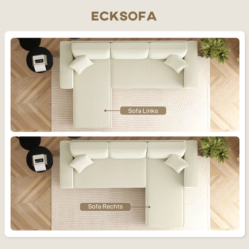 HOMCOM 3-Sitzer-Sofa mit Chaiselongue, Wohnzimmercouch mit Cordbezug, 2 Extra-Kissen, Polstersofa, Cremeweiß(m-4)