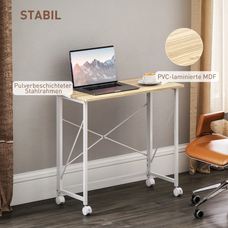 HOMCOM Klappbarer Schreibtisch mit Rädern, platzsparend, Stahl, MDF, Natur