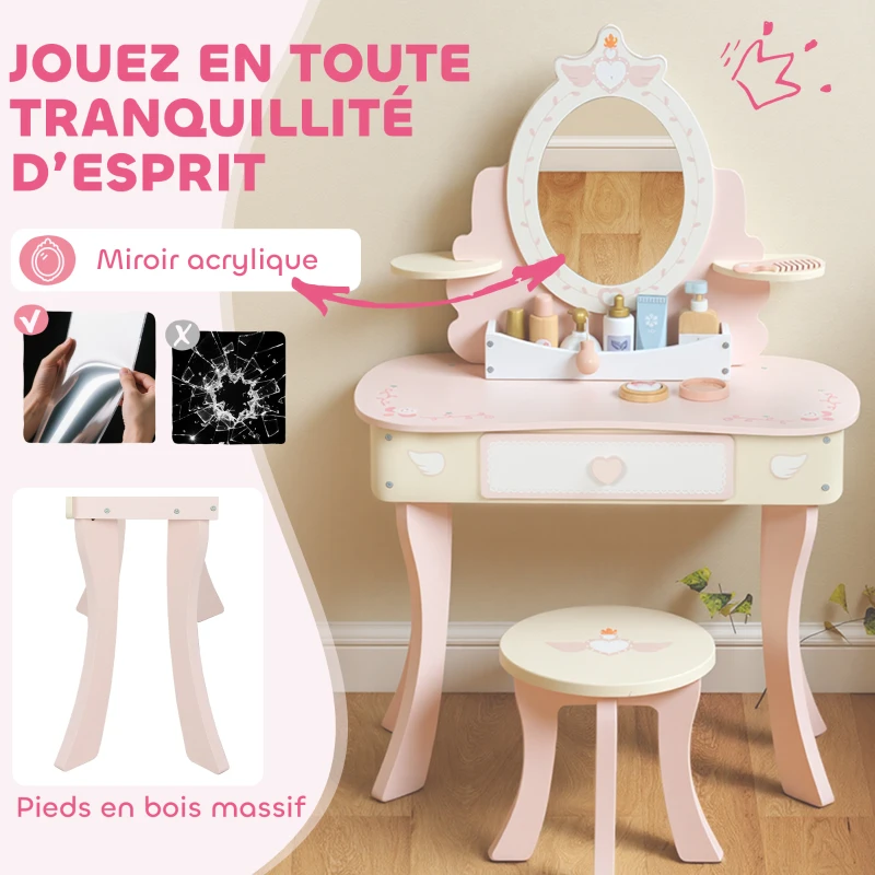 AIYAPLAY Coiffeuse enfant fille table de maquillage 2 en 1 avec 7 accessoires de jeu miroir en acrylique 59,8x29,6x89,8cm rose