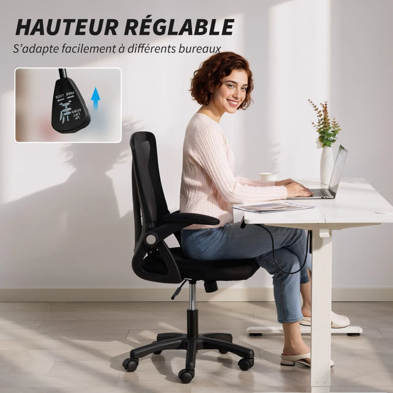 HOMCOM Chaise bureau ergonomique, fauteuil de bureau en maille, accoudoirs relevables, hauteur réglable, 59,5x56x103cm, noir