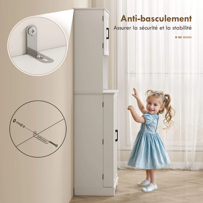 HOMCOM Buffet haut cuisine armoire de cuisine, 4 portes plan de travail 8 porte-épices étagères réglables 60x40x181,5cm blanc(m-7)