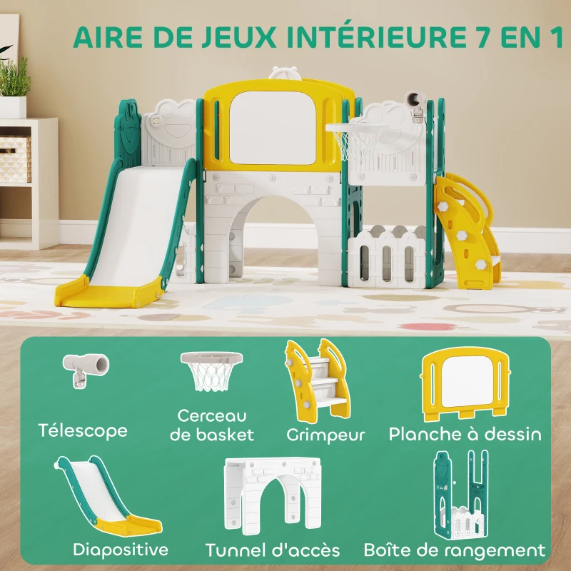AIYAPLAY Toboggan pour enfant 7 en 1 avec panier de basket, télescope, rangement, tunnel, escalade, tableau de dessin, jaune