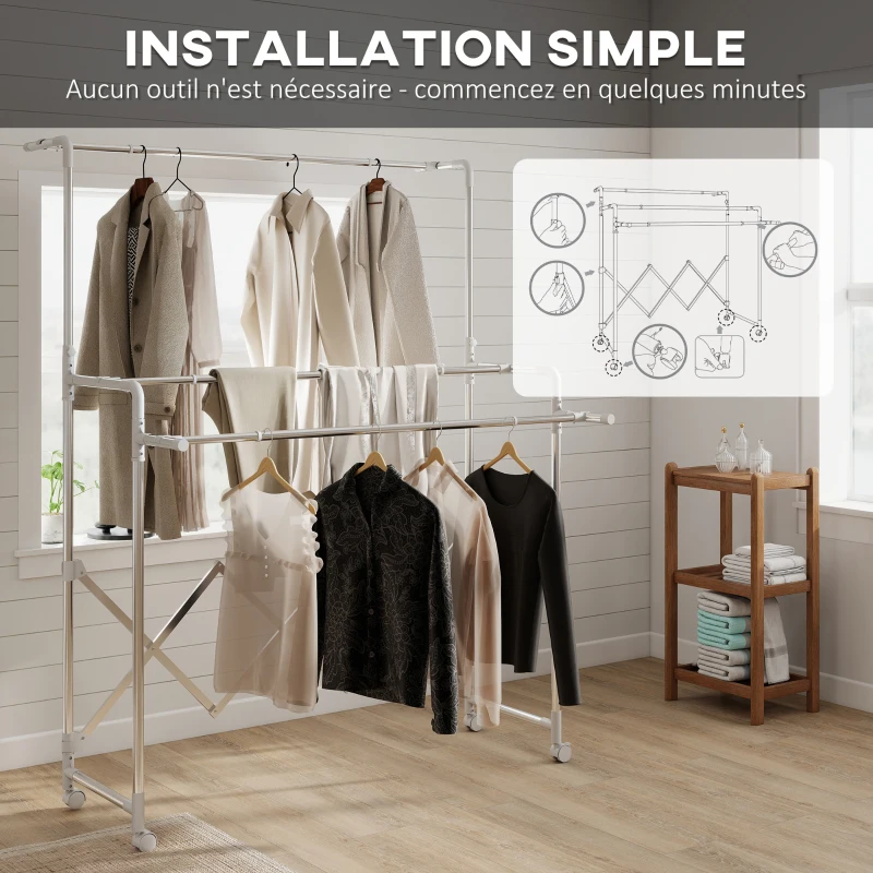 HOMCOM Séchoir à linge pliable étendoir linge intérieur à 3 barres réglables et 4 roulettes 104-150 x 103 x 145-197 cm argent