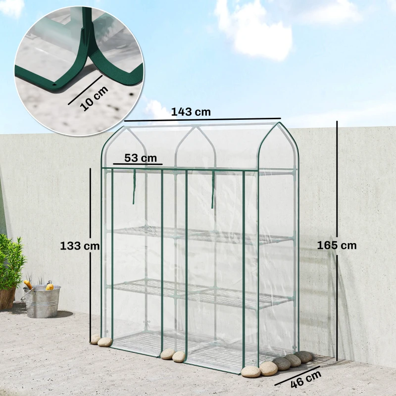 Outsunny Serre de Jardin, Petite Serre de Balcon étagères 3 niveaux en Bâche PVC et Châssis Acier, 143 x 46 x 165 cm, transparent