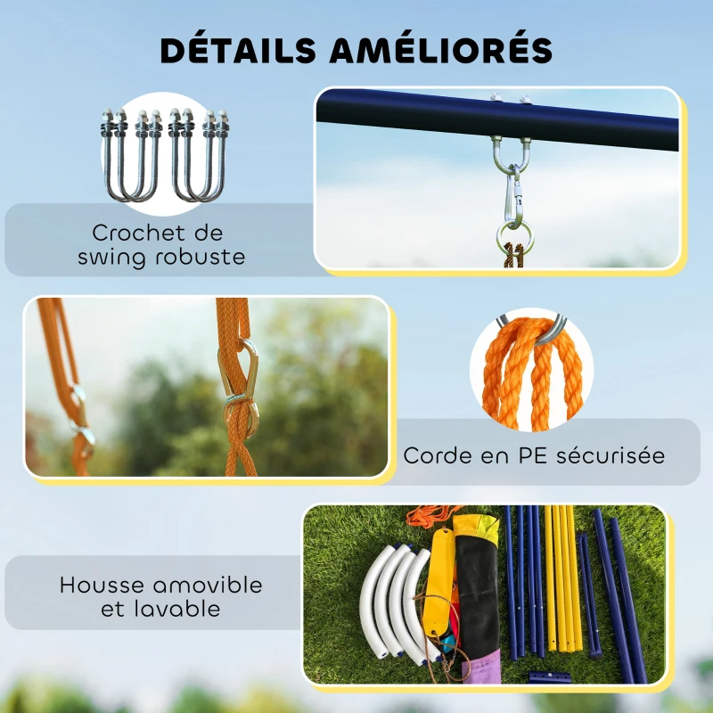 AIYAPLAY Balançoire portique pour enfant avec double  balancelles, cordes réglables, cadre en acier, pour 3-8 ans, multicolore