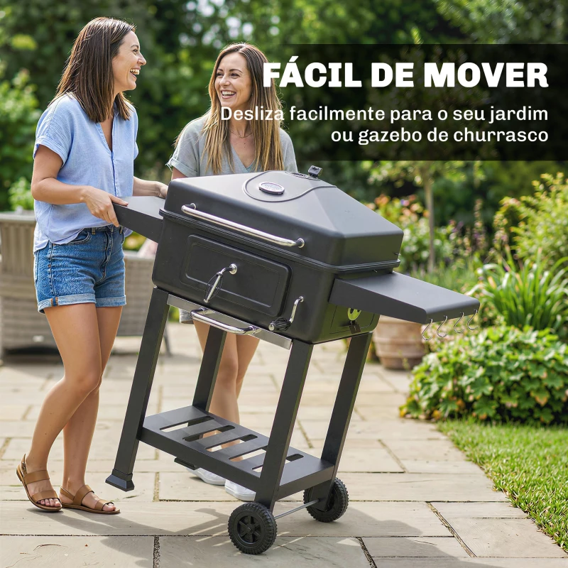 Outsunny Grelhador de Carvão com Bandeja e Ventilação Ajustável Prateleiras Laterais Rodas Termómetro Tampa e Porta