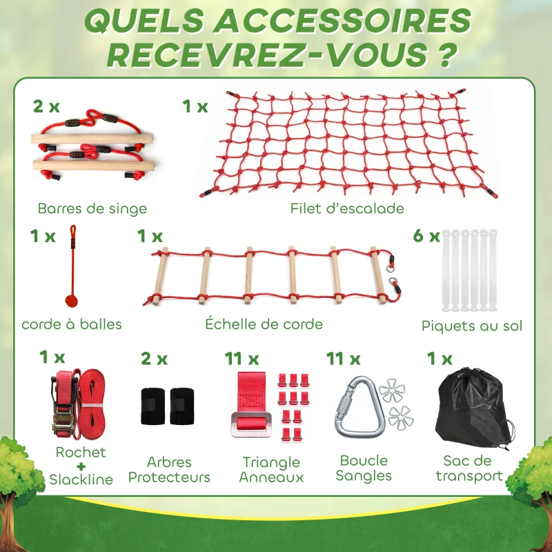 AIYAPLAY Parcours d'obstacles Ninja pour enfants 10 M kit de tyrolienne complet charge 100 kg, installation facile, rouge