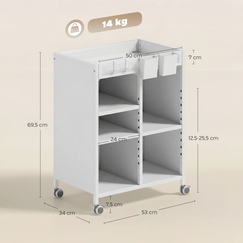 HOMCOM Bücherregal auf Rollen, 4-stufig, verstellbare Regalböden & Hängekörbe für Home Office und Wohnzimmer, Weiß