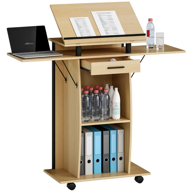 HOMCOM Rollbarer Podiumsständer, Redepult mit klappbaren Seitenflügeln, Laptop-Tisch mit Schublade und Regalen, Eichenoptik