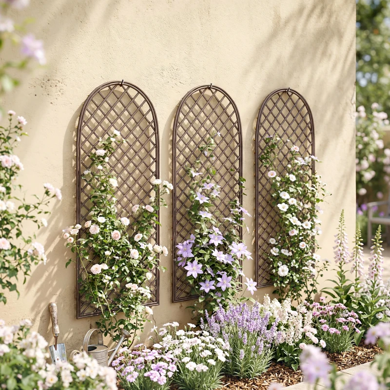 Outsunny Lot de 3 Treillis de jardin en osier tissé Panneau Arc pour Plantes grimpantes 43 x 2 x 112 cm, effet bois naturel