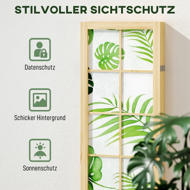 HOMCOM 4-teiliger Raumtrenner, faltbar, Boho-Design, tropisches Motiv, freistehender Raumteiler, Holzrahmen, Grün