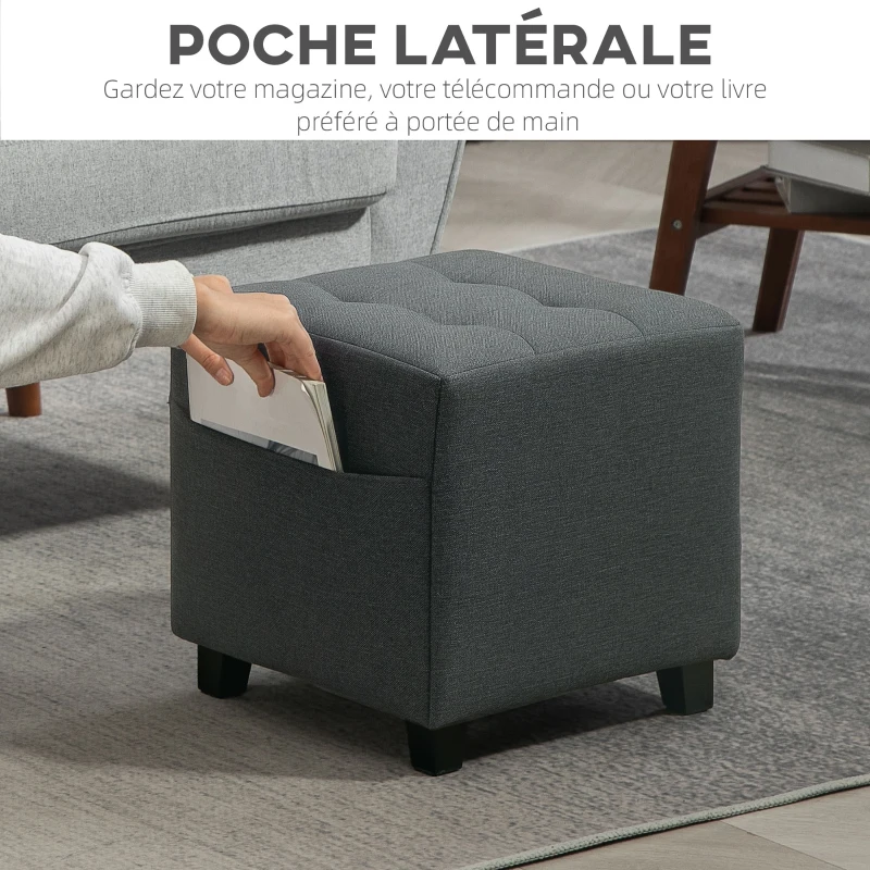 HOMCOM Repose pied salon, ottoman, siège rembourré capitonné en tissu aspect lin avec poche latérale, 35 x 35 x 35 cm, gris