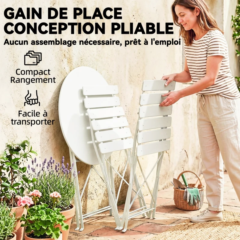 Outsunny Ensemble Bistrot de Jardin 3 Pièces Table et 2 Chaises Pliantes à Lattes Double Protection Antirouille Crème