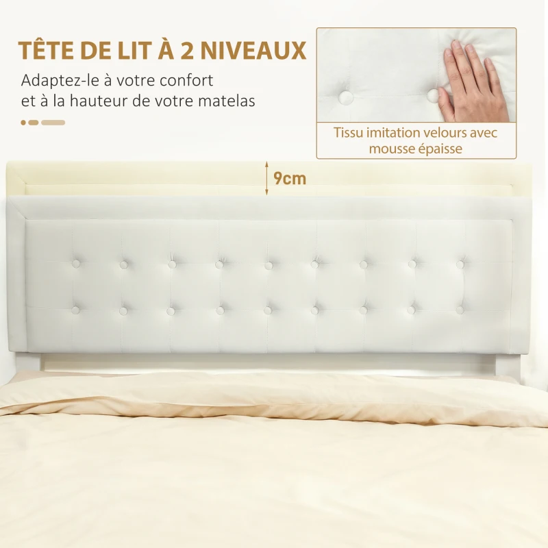 HOMCOM Cadre de lit double sommier coffre à vérins, tiroir à roulettes, tête de lit réglable capitonnée effet velours, crème