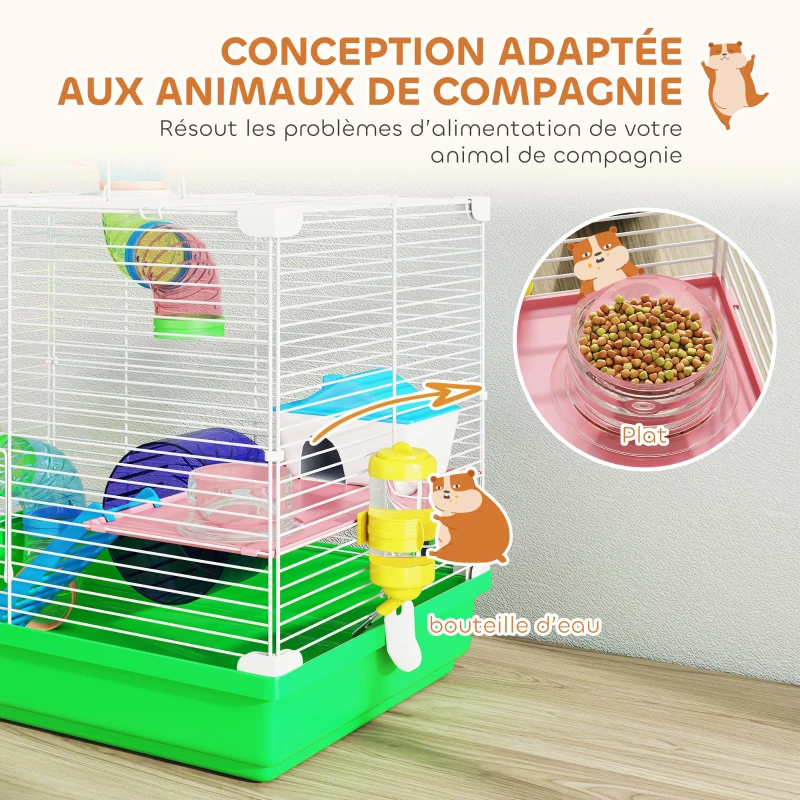 PawHut Cage à hamster rongeur 2 niveaux avec tunnel, biberon eau, roue, maisonnette, échelles 46 x 30 x 37 cm vert