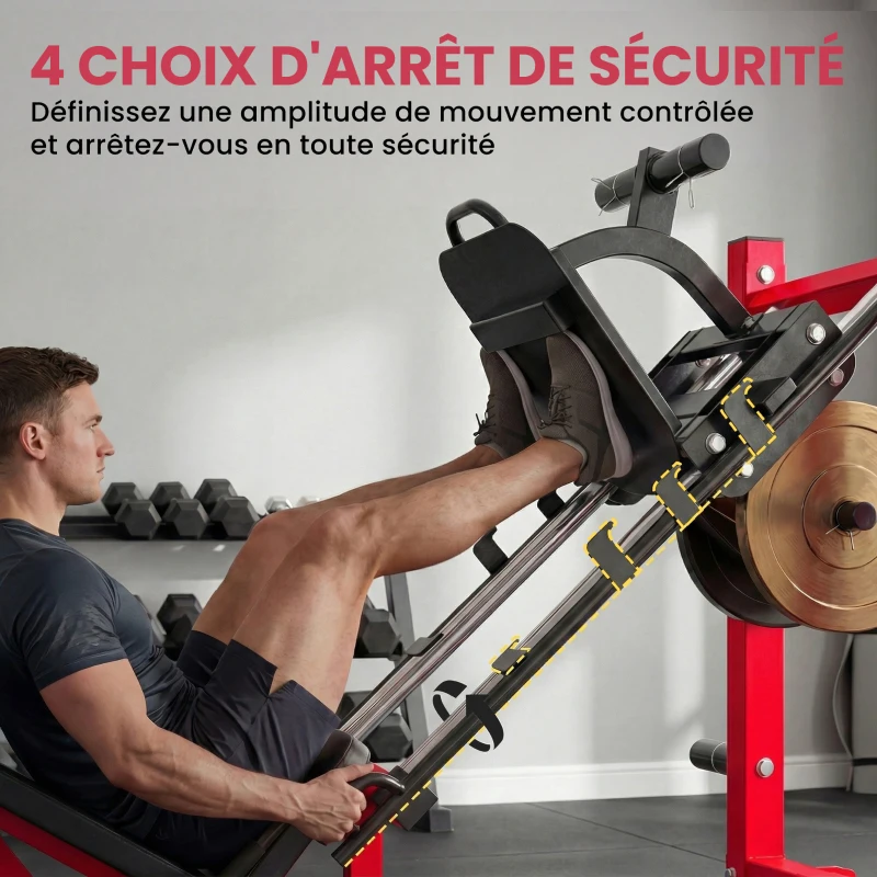 SPORTNOW Presse à Cuisses Professionnelle Machine Musculation Jambes et Hack Squat 455kg Appareil Réglable 185x120x140cm Rouge