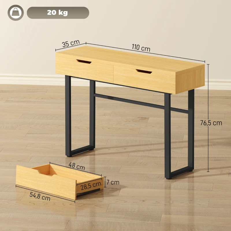 HOMCOM Konsolentisch Schmaler Flurtisch mit 2 Schubladen, Metallrahmen, für Flur 110 x 35 x 76,5 cm Natur