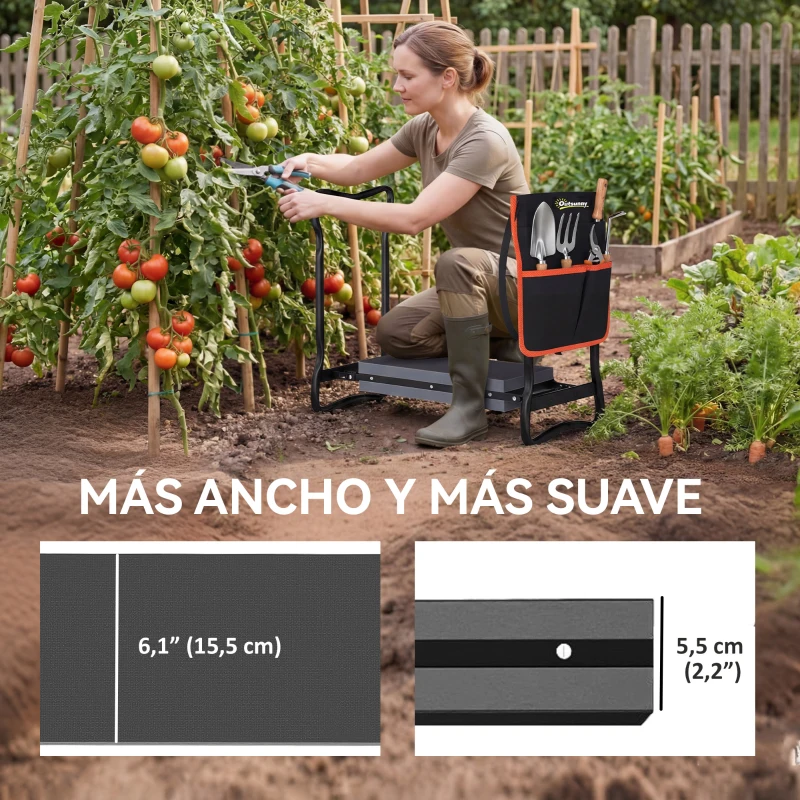 Outsunny Taburete de Jardín Plegable con Almohadilla de EVA Asiento de Jardín con Bolsa para Herramientas en Cintura Carga 150kg