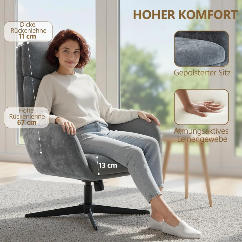 HOMCOM Polstersessel mit Fußhocker, Lounge-Sessel mit hoher Rückenlehne, Metallbasis, für Wohnzimmer, Schlafzimmer, Grau