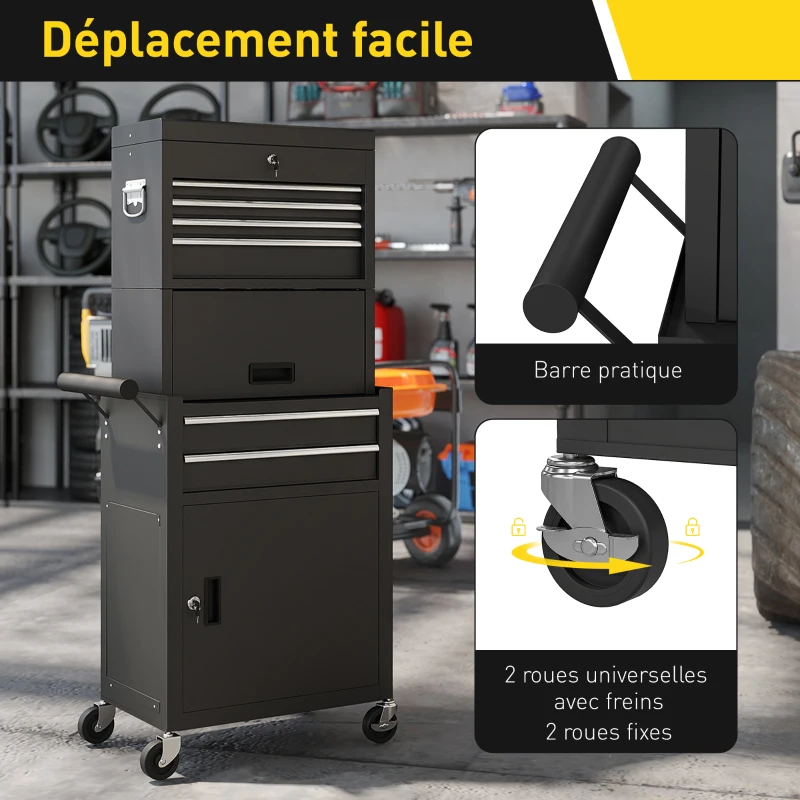 HOMCOM Servante d'atelier en acier verrouillable, chariot à outils sur roulettes 3 en 1 avec 6 tiroirs et panneau perforé, noir