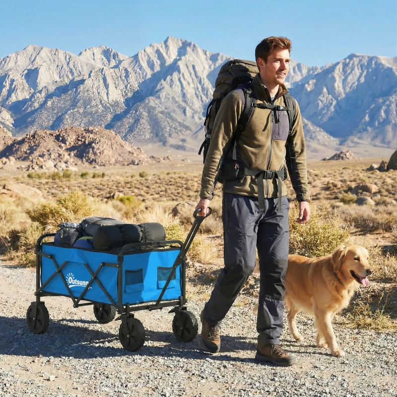Outsunny Chariot de jardin pliable avec roues verrouillables, poignée réglable, porte-gobelet, charge 80 kg pour la campagne 85x50x99 cm bleu