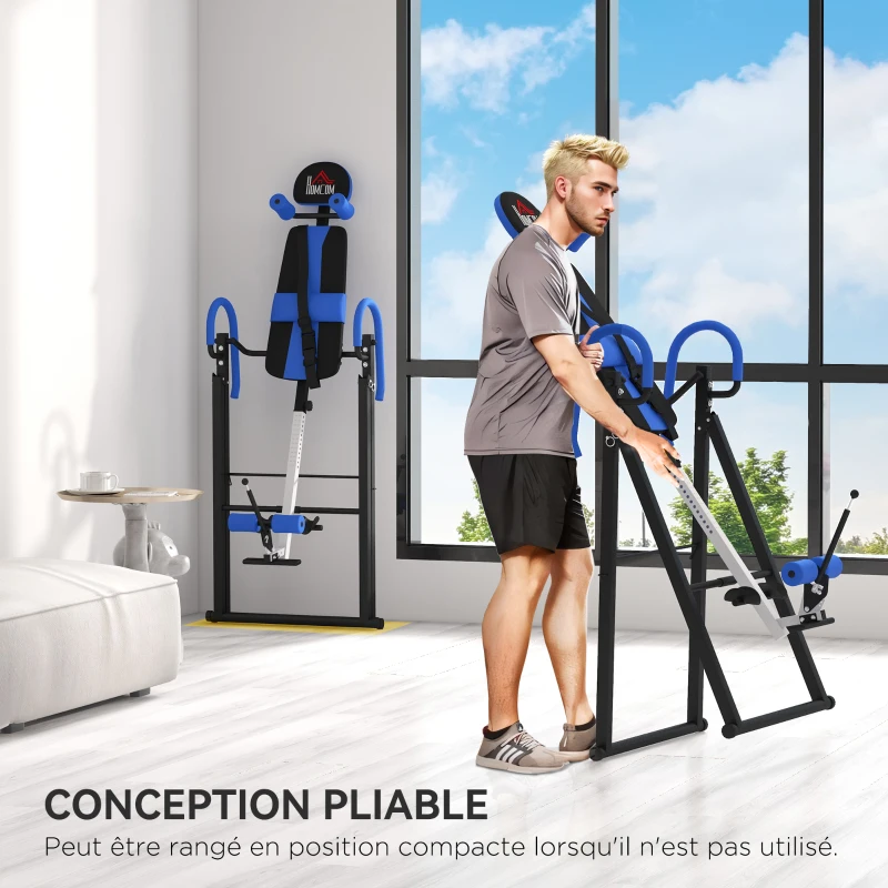 HOMCOM Table d'inversion de musculation pliable ceinture de sécurité réglable angle ajustable 3 niveaux 79x114x153cm bleu noir
