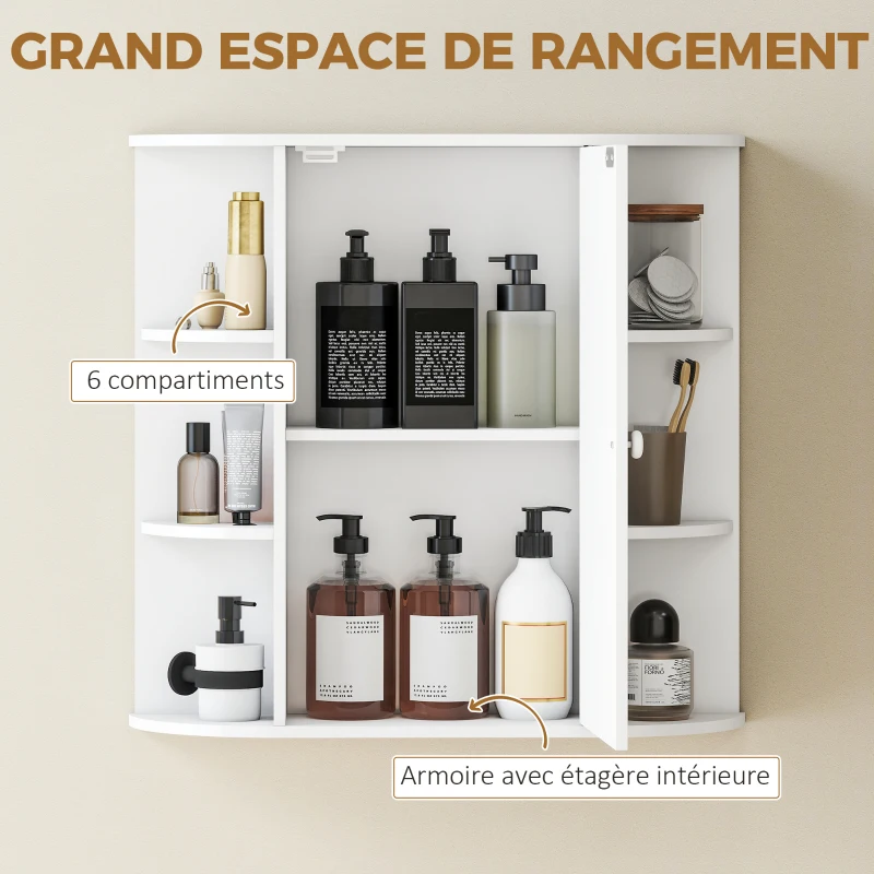 HOMCOM Armoire Murale avec Miroir Salle de Bain Meuble Miroir avec Rangement Toilettes 1 Porte + étagères latérales Blanc