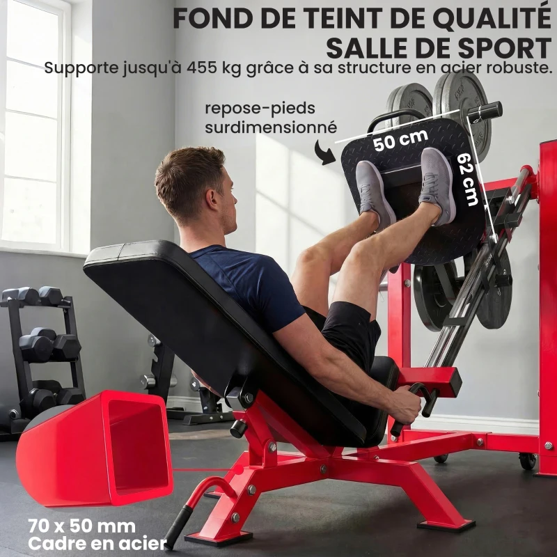SPORTNOW Presse à Cuisses Professionnelle Machine Musculation Jambes et Hack Squat 455kg Appareil Réglable 185x120x140cm Rouge