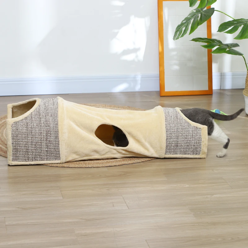 PawHut Tunnel pour chat, jeu pour chat, avec 2 niches en sisal, trous de porte, pour intérieur, 107L x 38l x 29H cm, beige
