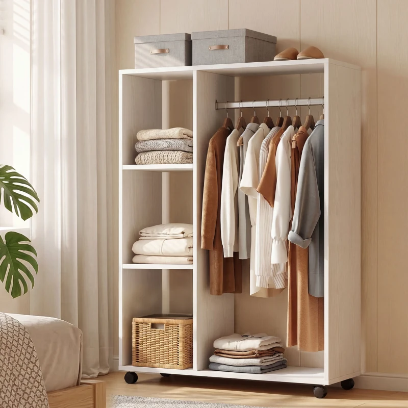 HOMCOM Kleiderschrank auf Rollen, mobile Garderobe, Garderobenschrank, Rollbarer Kleiderständer, 80 x 40 x 128 cm, Weiß(m-2)