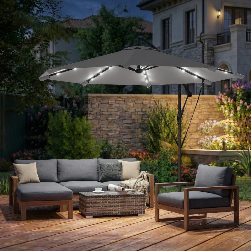 Outsunny Parasol déporté 3 m avec Lampes LED Solaires, pour Jardin, Couleur Gris