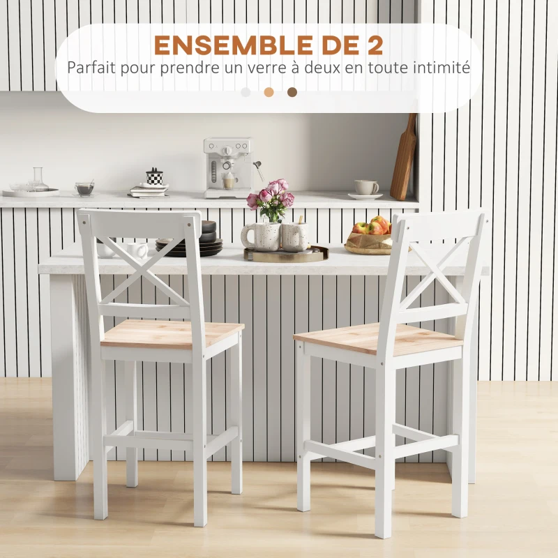HOMCOM Lot de 2 tabourets de bar, chaises hautes campagne, dossier haut et repose-pieds, 41x46x97,5cm, blanc et bois naturel
