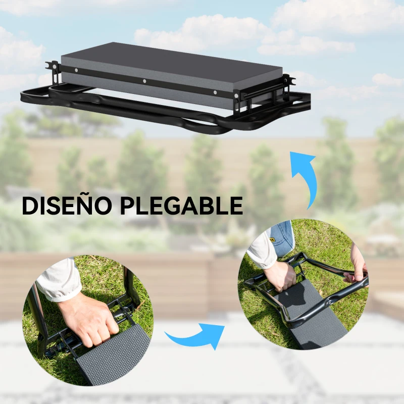 Outsunny Taburete de Jardín Plegable con Almohadilla de EVA Asiento de Jardín con Bolsa para Herramientas en Cintura Carga 150kg