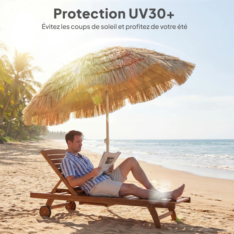 Outsunny Parasol de plage Ø 1,85 m, grand parasol inclinable, style hawaïen, hauteur du mât réglage, sac de transport , kaki