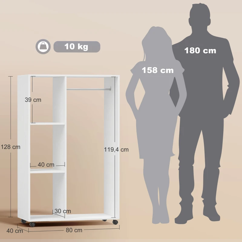 HOMCOM Kleiderschrank auf Rollen, mobile Garderobe, Garderobenschrank, Rollbarer Kleiderständer, 80 x 40 x 128 cm, Weiß(m-3)