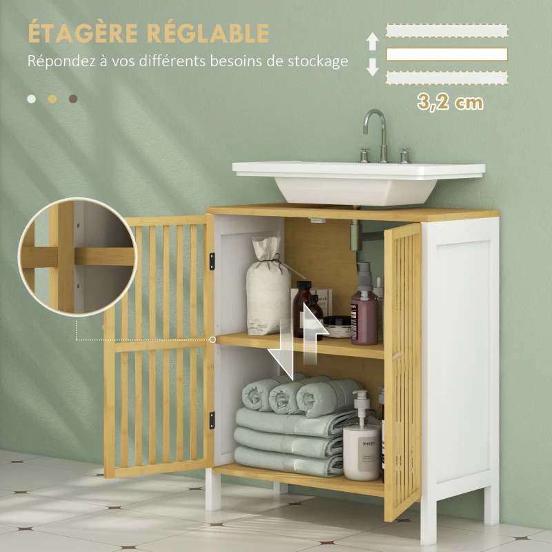 HOMCOM Meuble sous vasque 2 portes avec étagère réglable armoire de rangement pour lavabo 60 x 30 x 70 cm MDF et bambou