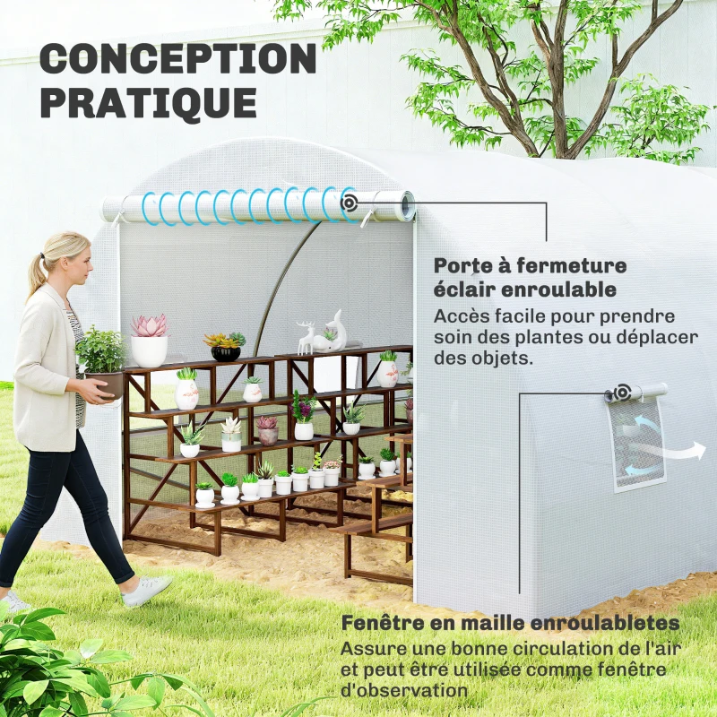 Outsunny Serre de Jardin Tunnel Surface Sol 18 m² 6L x 3l x 2H m châssis Tubulaire renforcé 24 mm 8 fenêtres Blanc