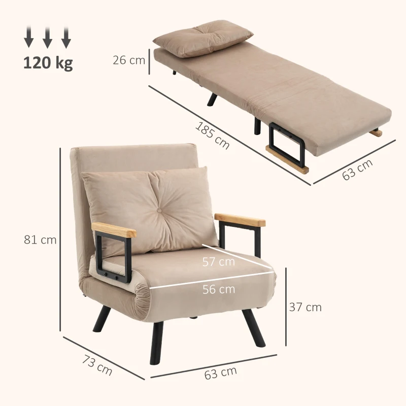 HOMCOM Fauteuil convertible 3 en 1 lit 1 place dossier 5 positions, accoudoirs en bois et coussin, tissu effet velours, beige