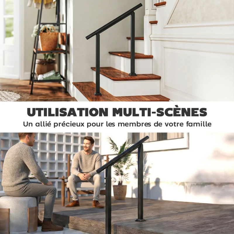 Outsunny Rampe d'Escalier Extérieure pour 1 à 3 Marches, Main Courante Escalier en Métal avec Kit d'Installation, Noir